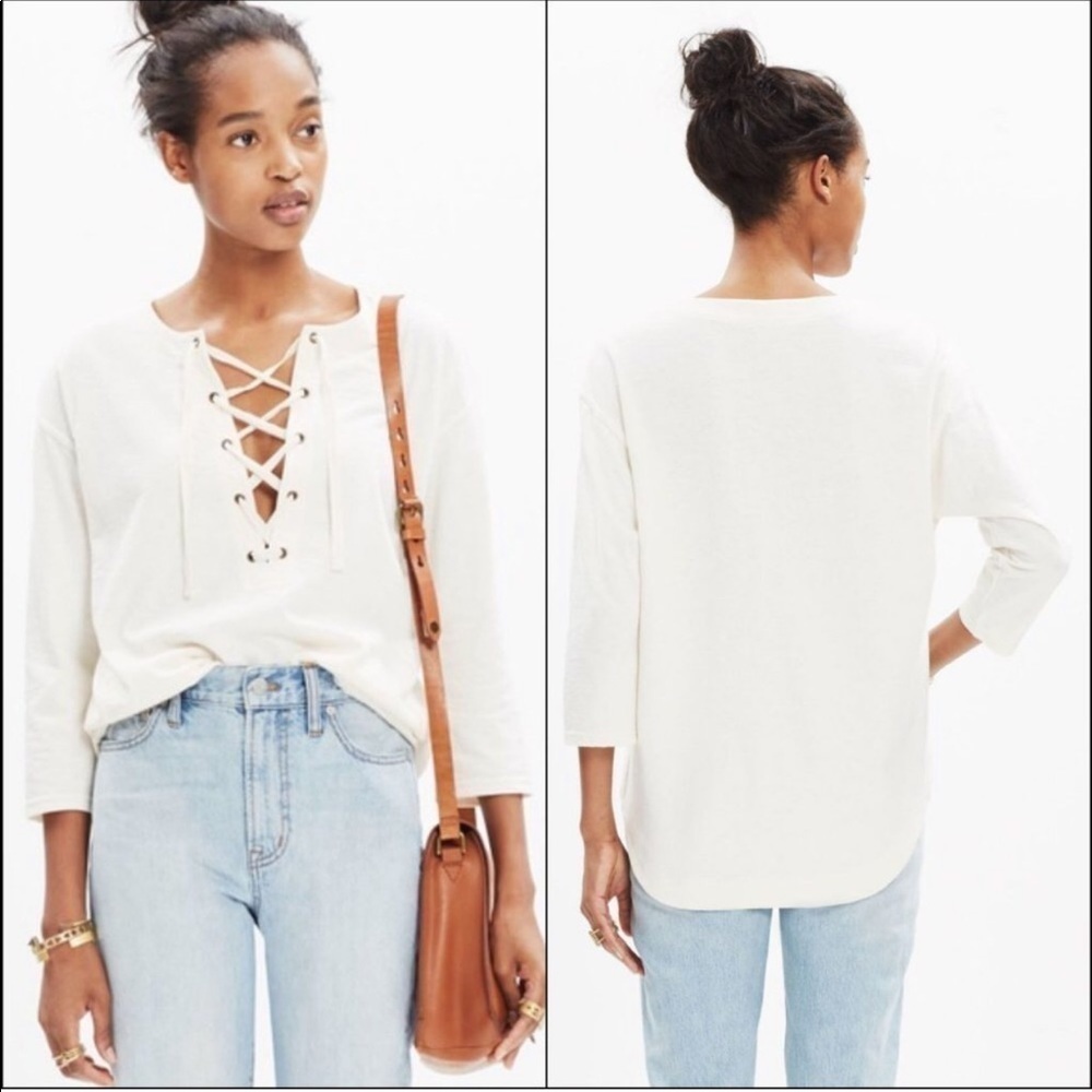 Madewell Ivory Libra Lace Up Tee XS Cotton